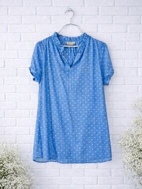 Rungolee Elegant Blue Print Ruffle Trim Short Sleeve Tunic Top Size L